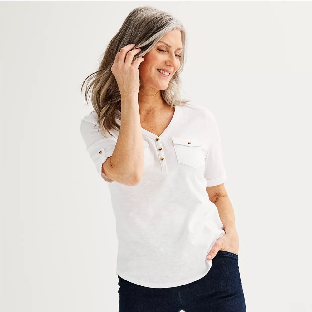 NWT Petite Croft & Barrow White Small Elbow Sleeve Utility Henley Top
